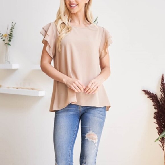 SOLID RUFFLED SLEEVE TOP- tan - Picture 2 of 8